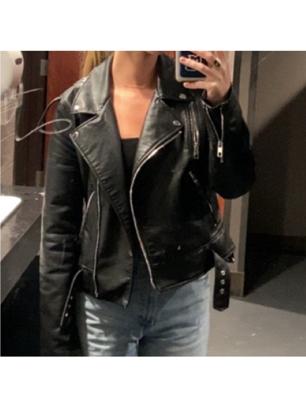 Zara Black Leather Moto Jacket with Silver Zippers